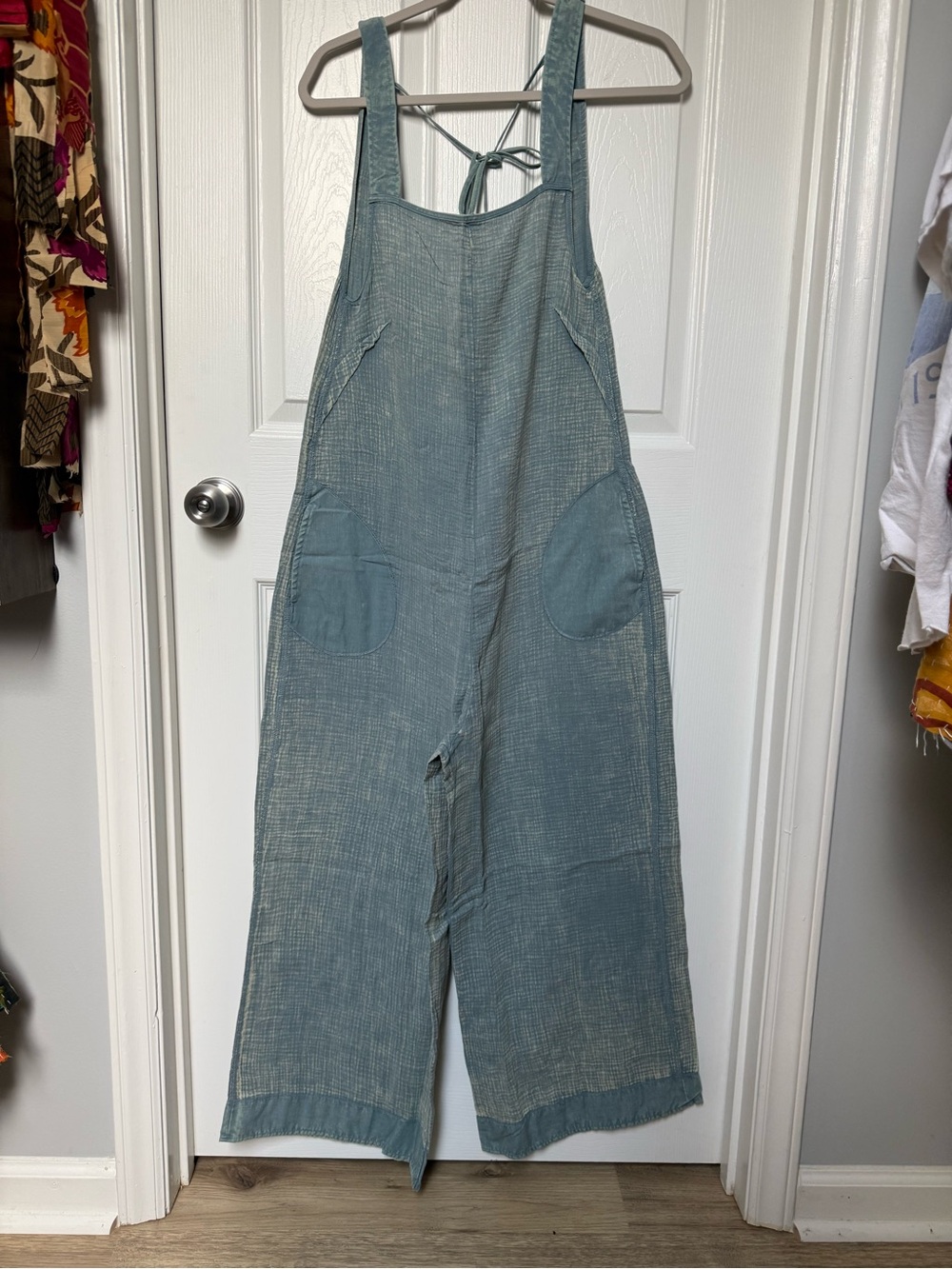 NWOT Zenana Outfitters Washed Blue Cotton-Linen Wide-Leg Overalls - Picture 2 of 8